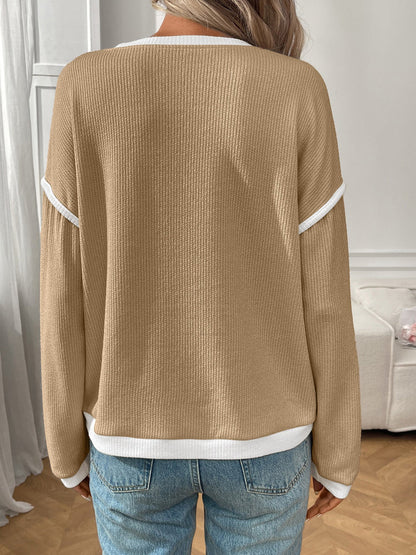 Round Neck Long Sleeves Colorblock Tops