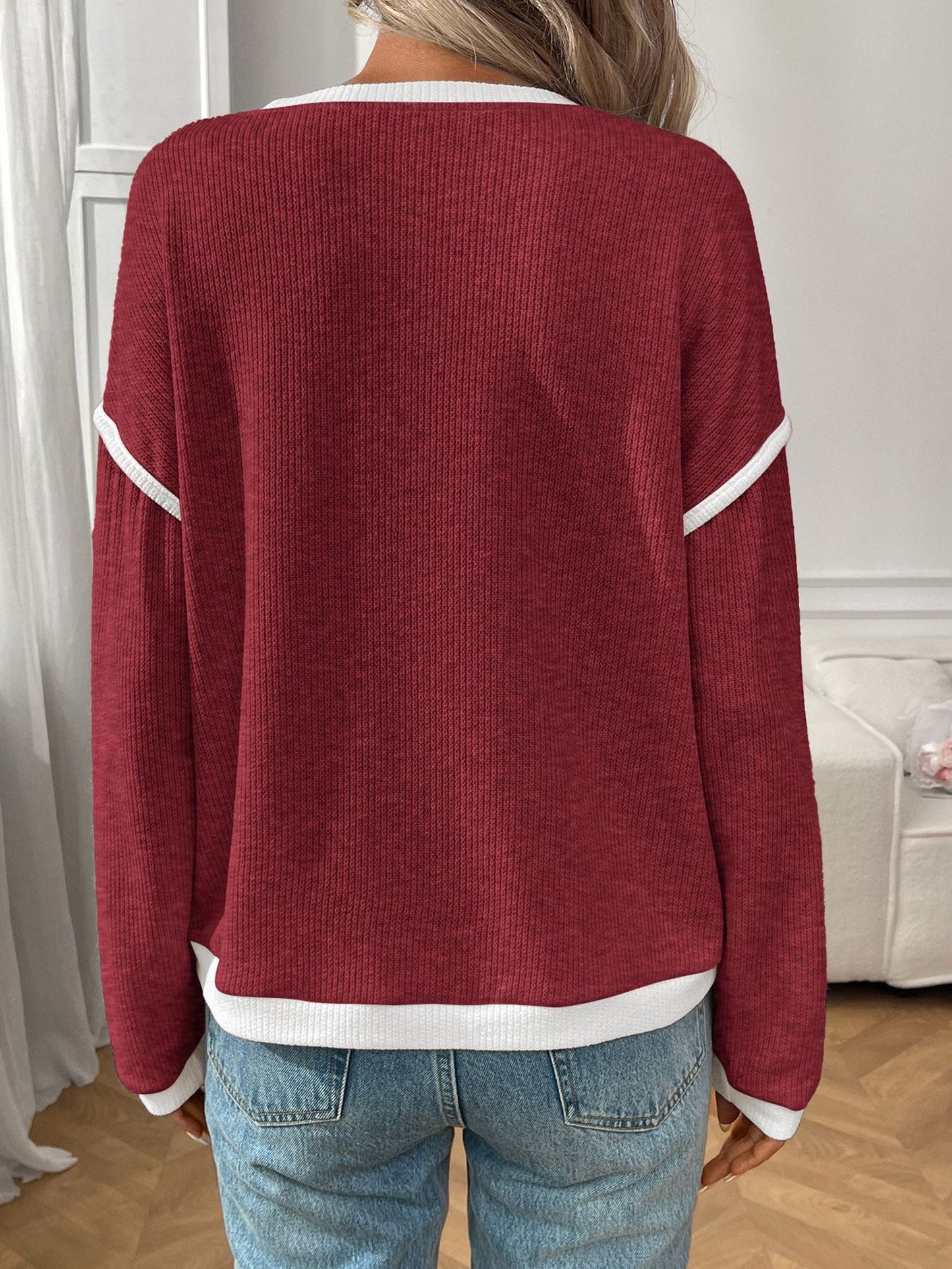 Round Neck Long Sleeves Colorblock Tops