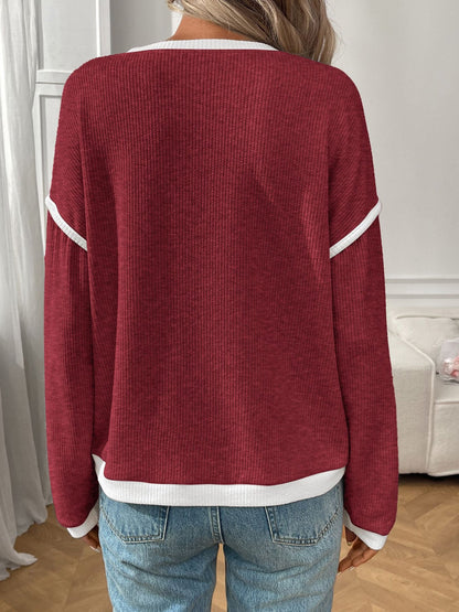 Round Neck Long Sleeves Colorblock Tops