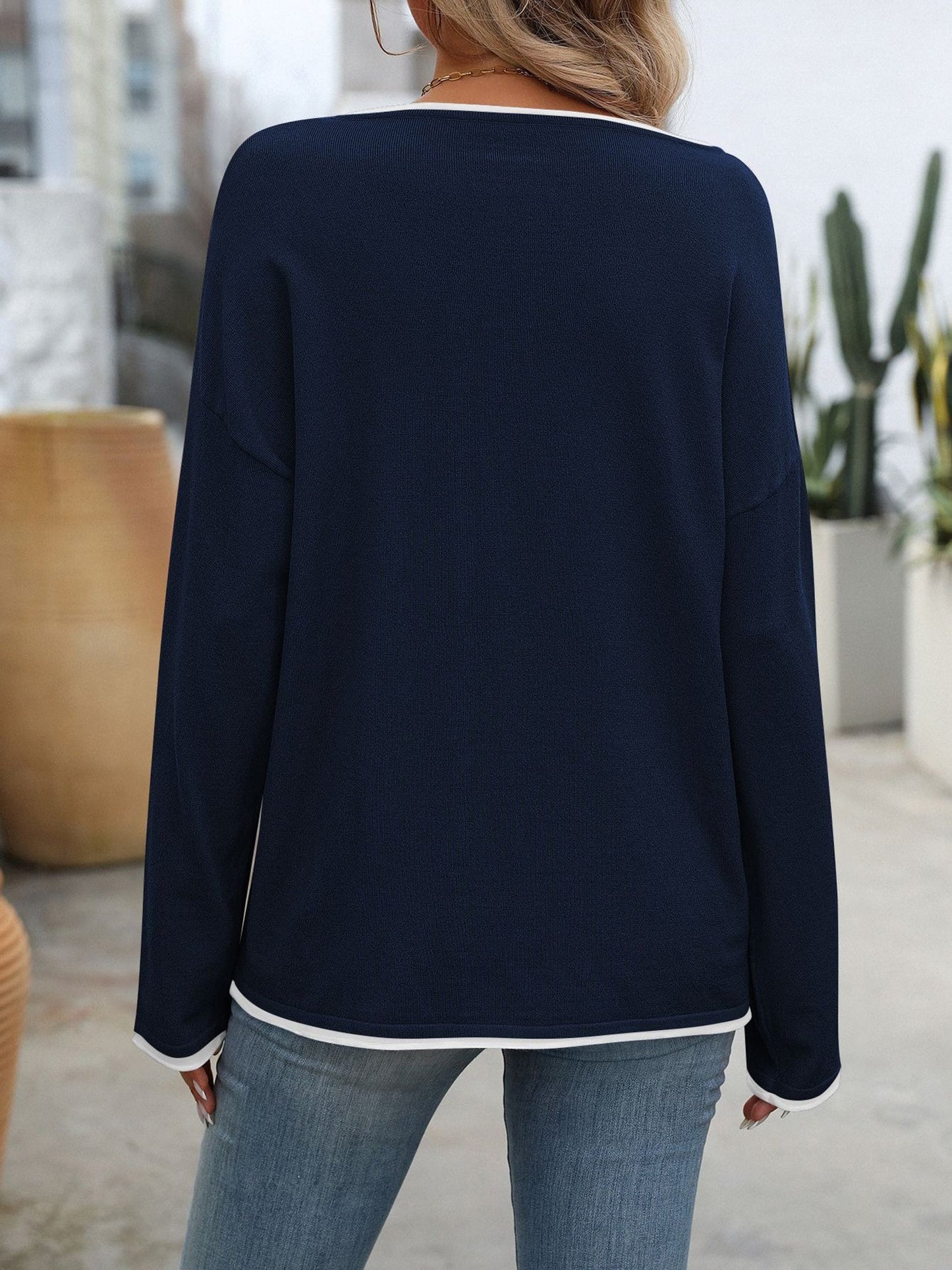 Round Neck Drop Shoulder Colorblock Blouse