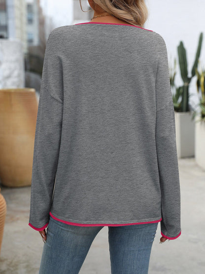 Round Neck Drop Shoulder Colorblock Blouse