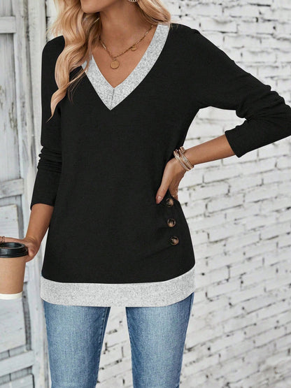 V Neck Colorblock Button Decor Casual Blouse