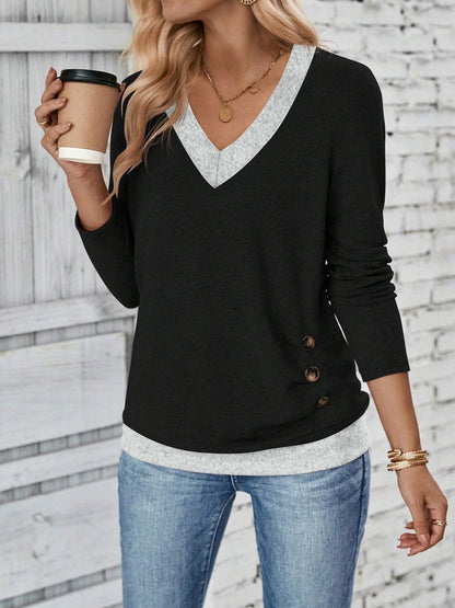 V Neck Colorblock Button Decor Casual Blouse