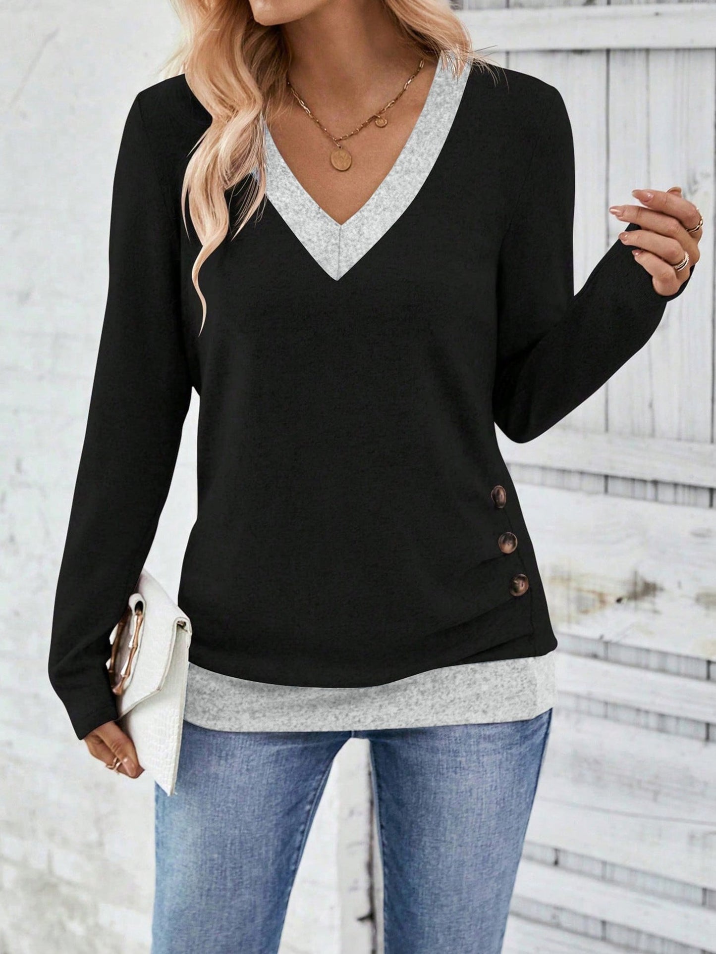 V Neck Colorblock Button Decor Casual Blouse