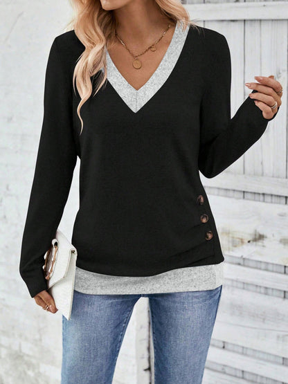 V Neck Colorblock Button Decor Casual Blouse