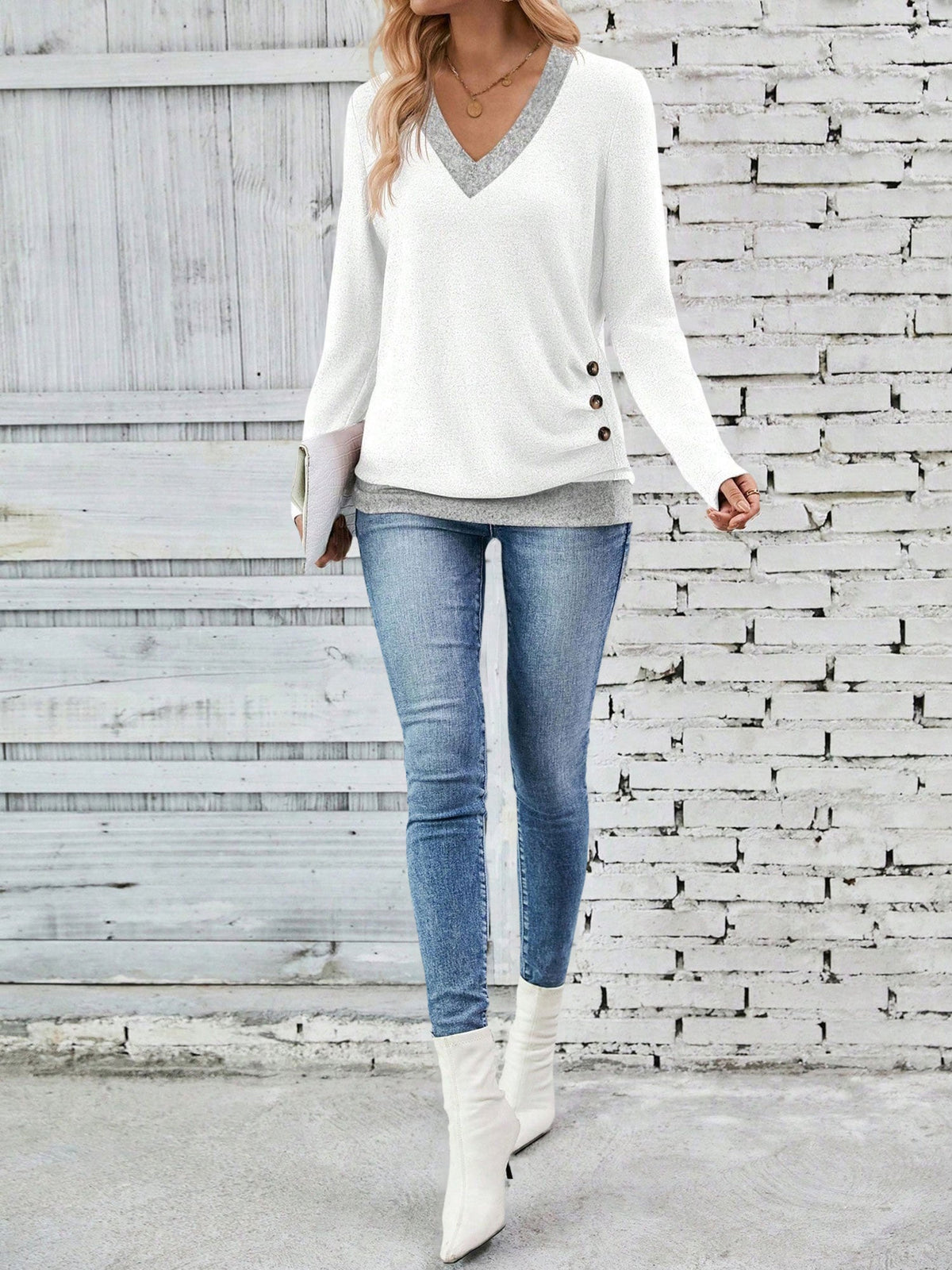 V Neck Colorblock Button Decor Casual Blouse