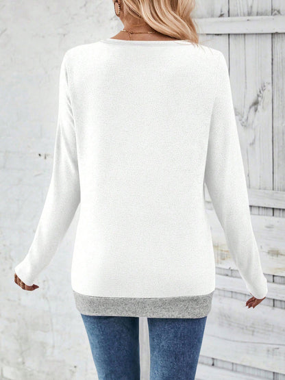 V Neck Colorblock Button Decor Casual Blouse