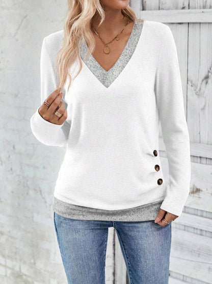 V Neck Colorblock Button Decor Casual Blouse