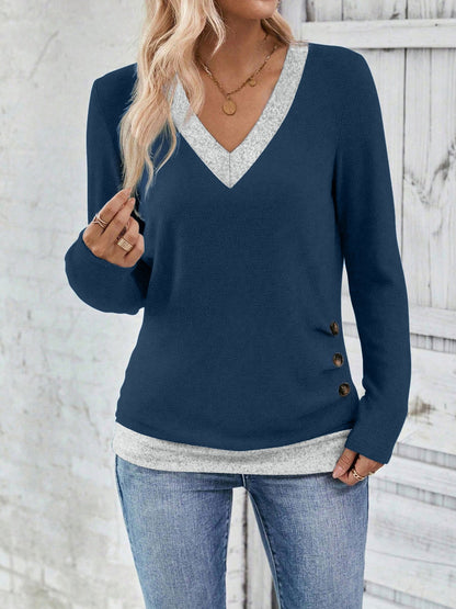 V Neck Colorblock Button Decor Casual Blouse