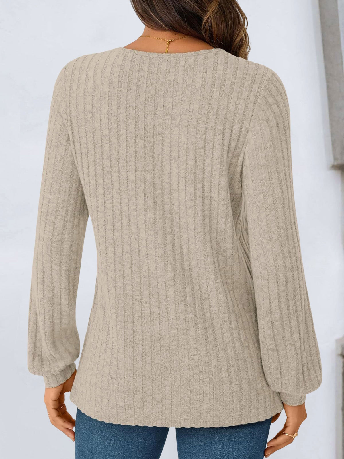 Solid Color V Neck Long Sleeve Textured Top