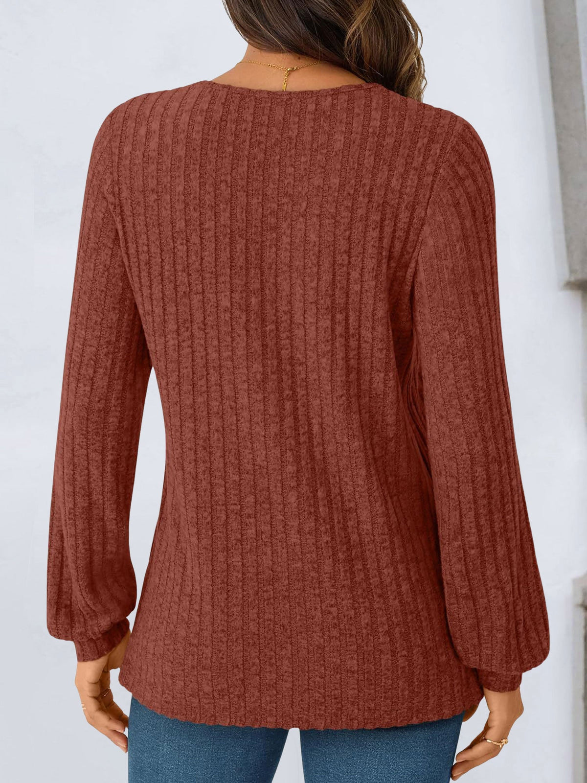 Solid Color V Neck Long Sleeve Textured Top