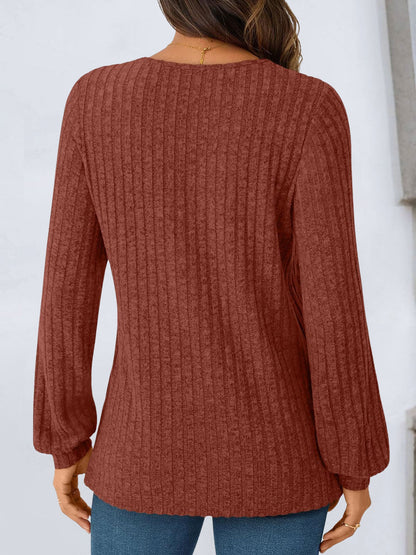Solid Color V Neck Long Sleeve Textured Top