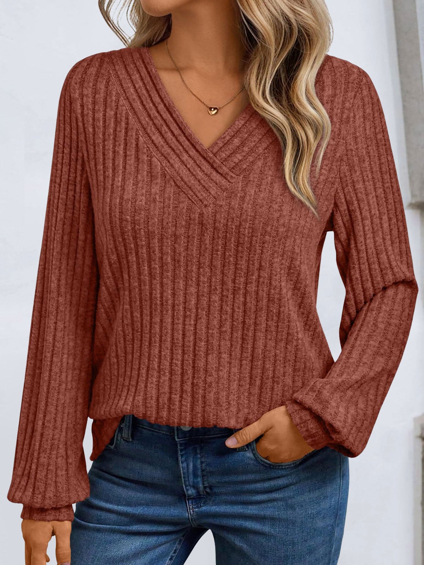 Solid Color V Neck Long Sleeve Textured Top