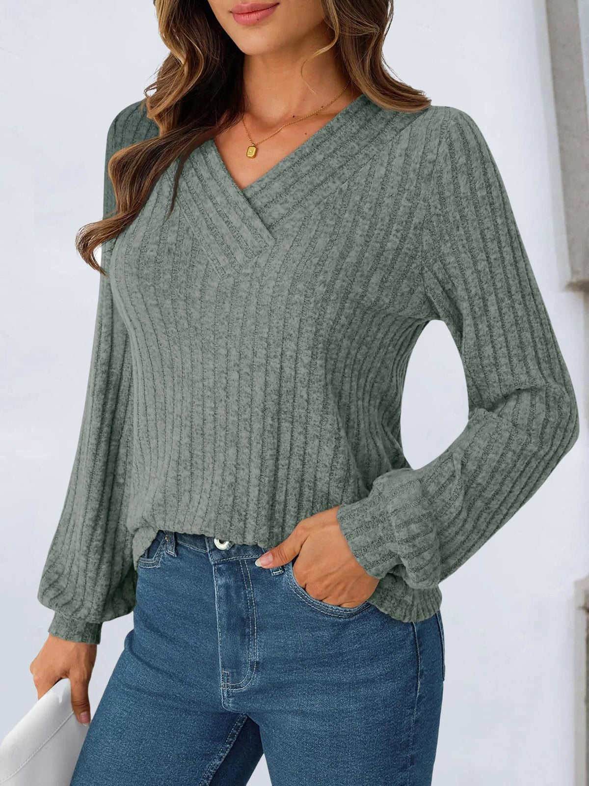 Solid Color V Neck Long Sleeve Textured Top