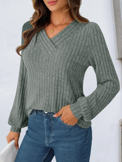 Solid Color V Neck Long Sleeve Textured Top