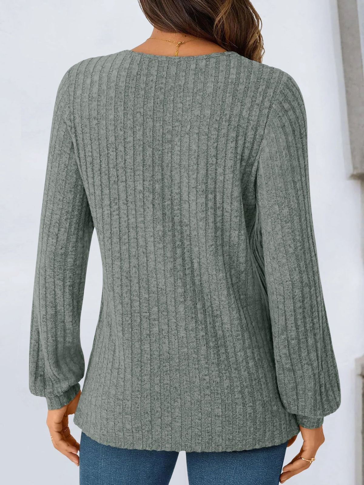 Solid Color V Neck Long Sleeve Textured Top