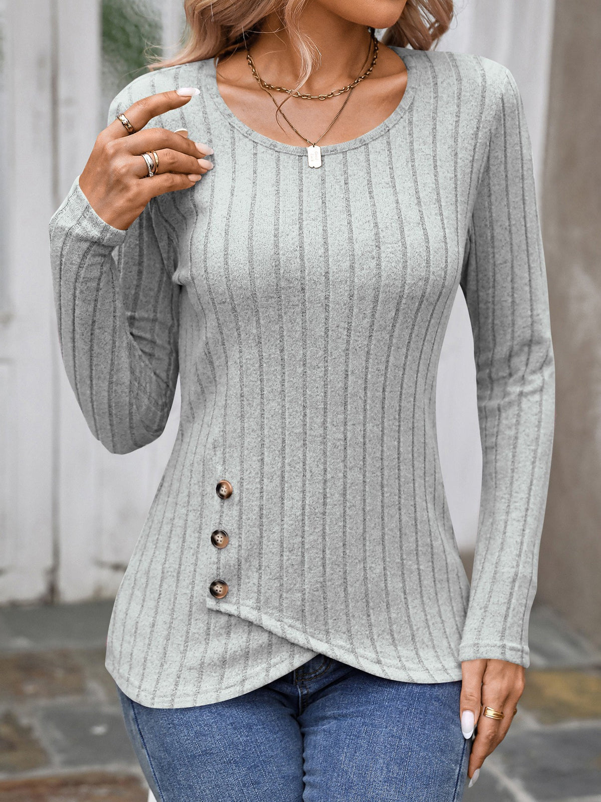 Round Neck Long Sleeves Button Decor Blouse