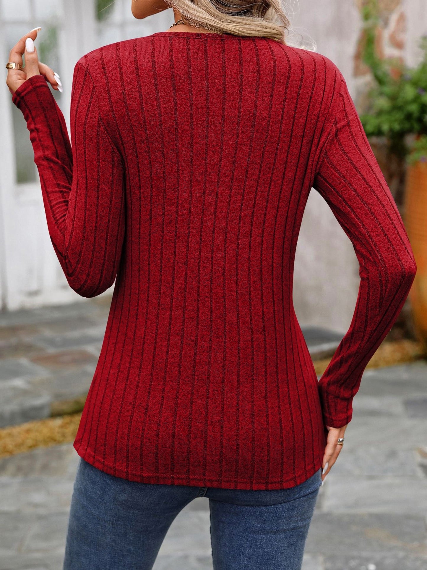 Round Neck Long Sleeves Button Decor Blouse
