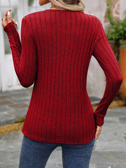 Round Neck Long Sleeves Button Decor Blouse
