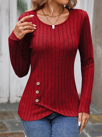 Round Neck Long Sleeves Button Decor Blouse