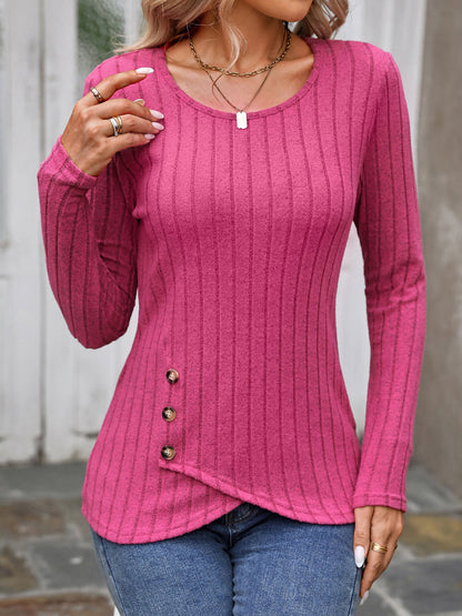 Round Neck Long Sleeves Button Decor Blouse