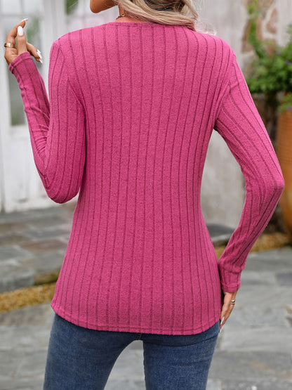 Round Neck Long Sleeves Button Decor Blouse