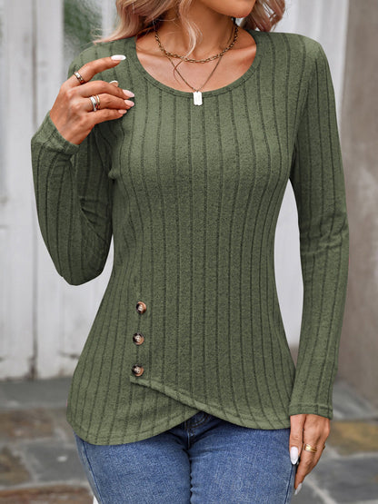 Round Neck Long Sleeves Button Decor Blouse