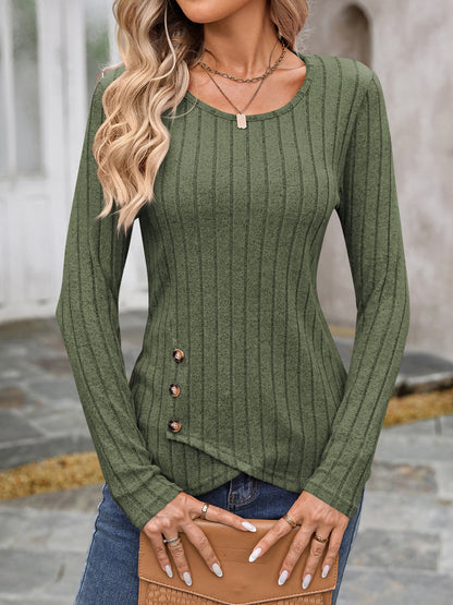 Round Neck Long Sleeves Button Decor Blouse