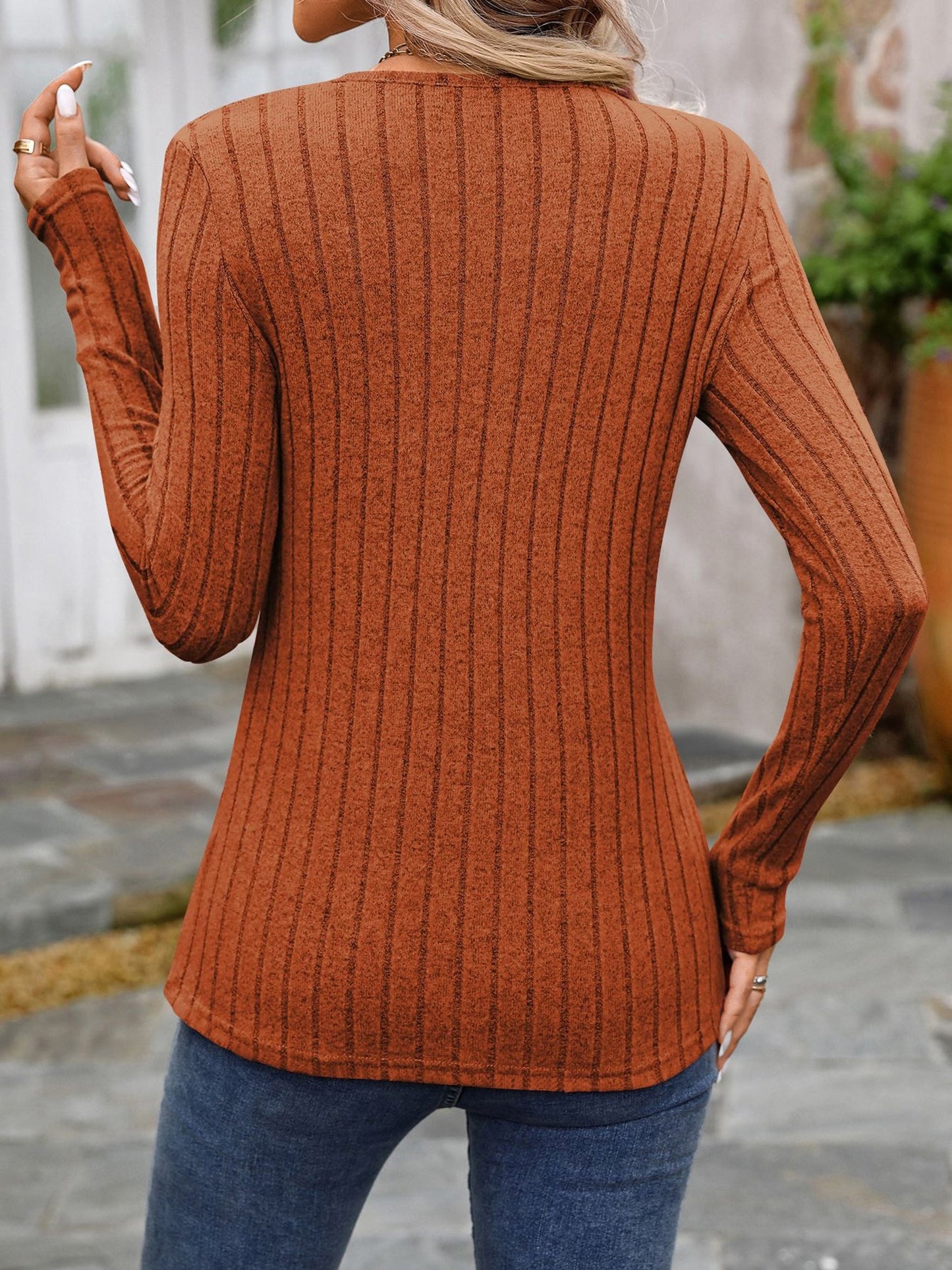 Round Neck Long Sleeves Button Decor Blouse