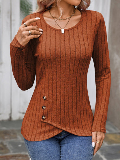 Round Neck Long Sleeves Button Decor Blouse