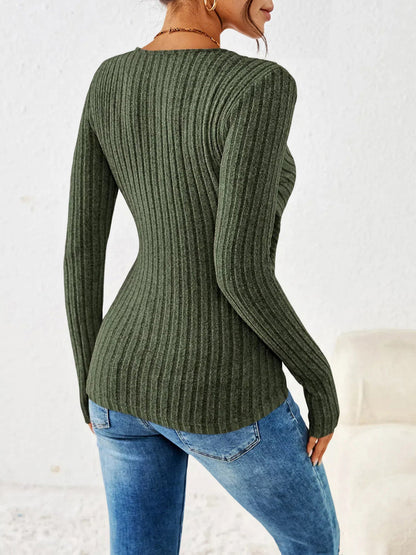 Ruched V Neck Long Sleeves Button Decor Top