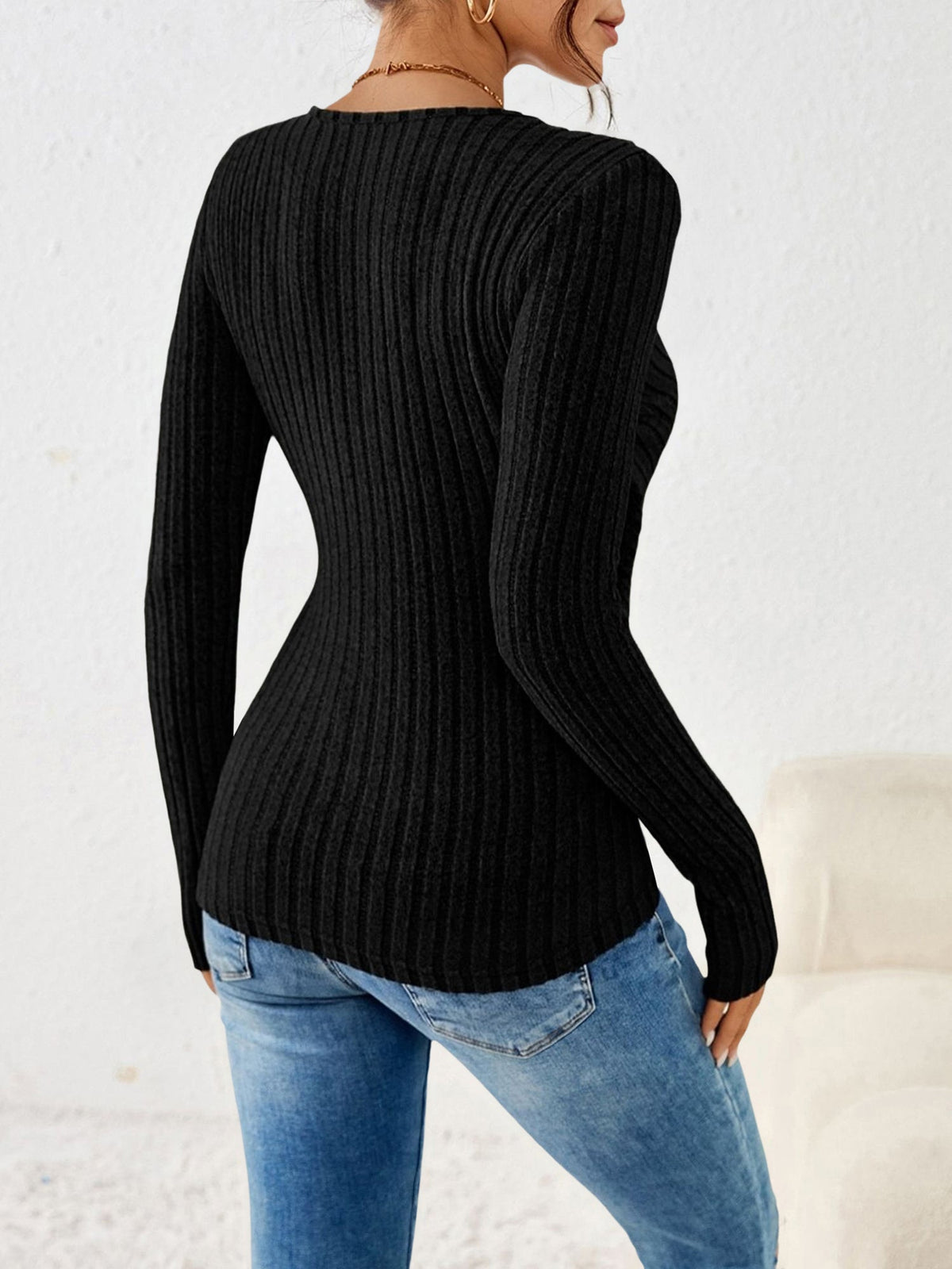 Ruched V Neck Long Sleeves Button Decor Top