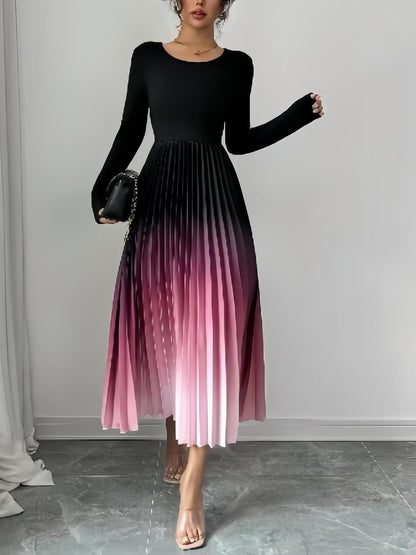 Gradient Pink Round Neck Long Sleeves Pleated A-Line Dress