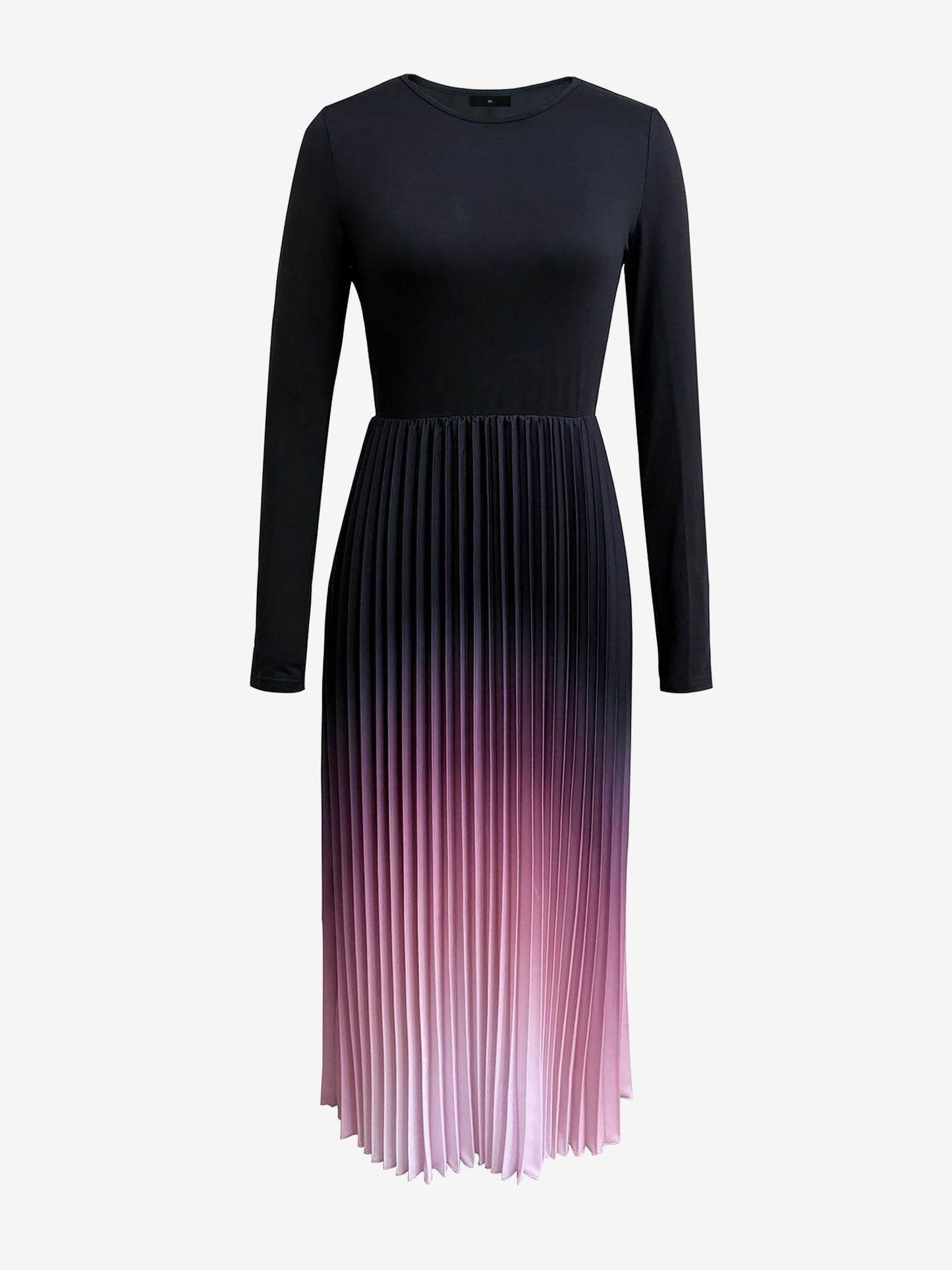 Gradient Pink Round Neck Long Sleeves Pleated A-Line Dress