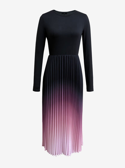 Gradient Pink Round Neck Long Sleeves Pleated A-Line Dress