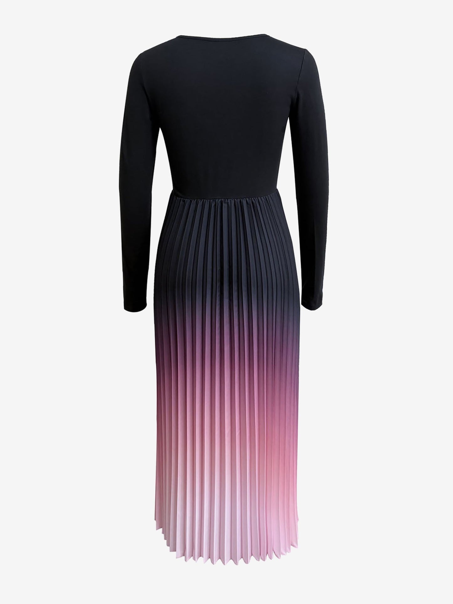 Gradient Pink Round Neck Long Sleeves Pleated A-Line Dress