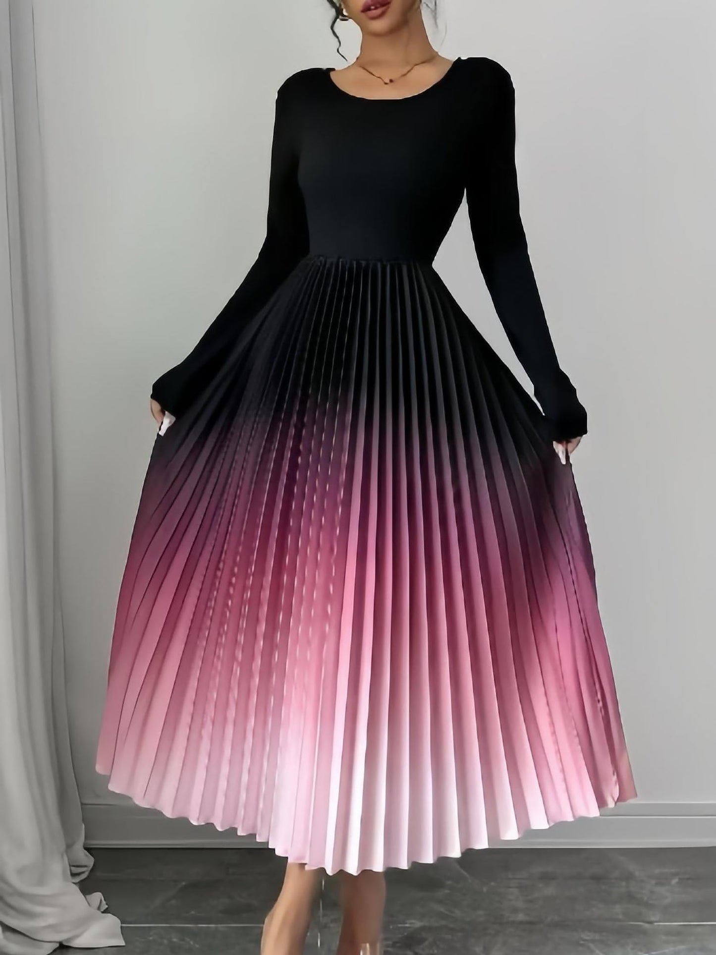 Gradient Pink Round Neck Long Sleeves Pleated A-Line Dress