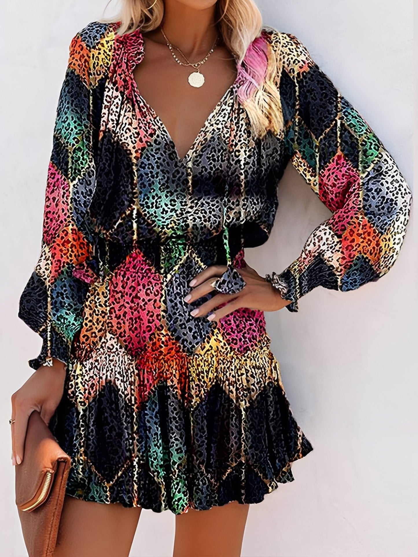 Leopard Print Mini Dress - V-Neck with Smocked Bodice & Ruffled Tiered Skirt