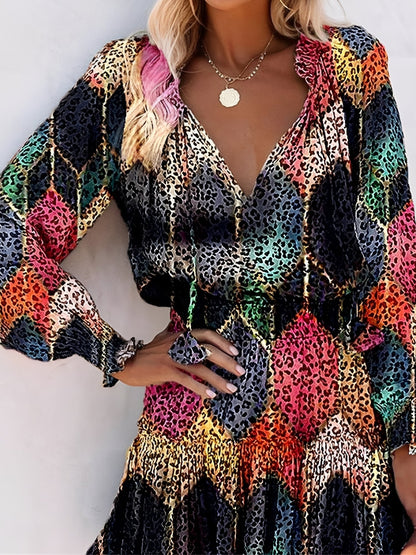 Leopard Print Mini Dress - V-Neck with Smocked Bodice & Ruffled Tiered Skirt