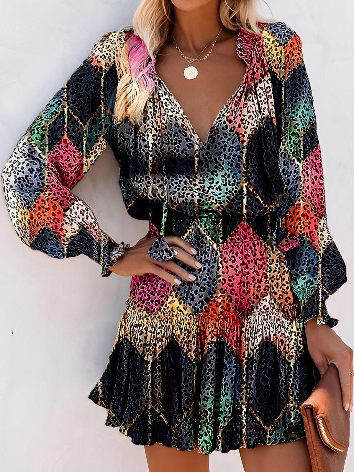 Leopard Print Mini Dress - V-Neck with Smocked Bodice & Ruffled Tiered Skirt