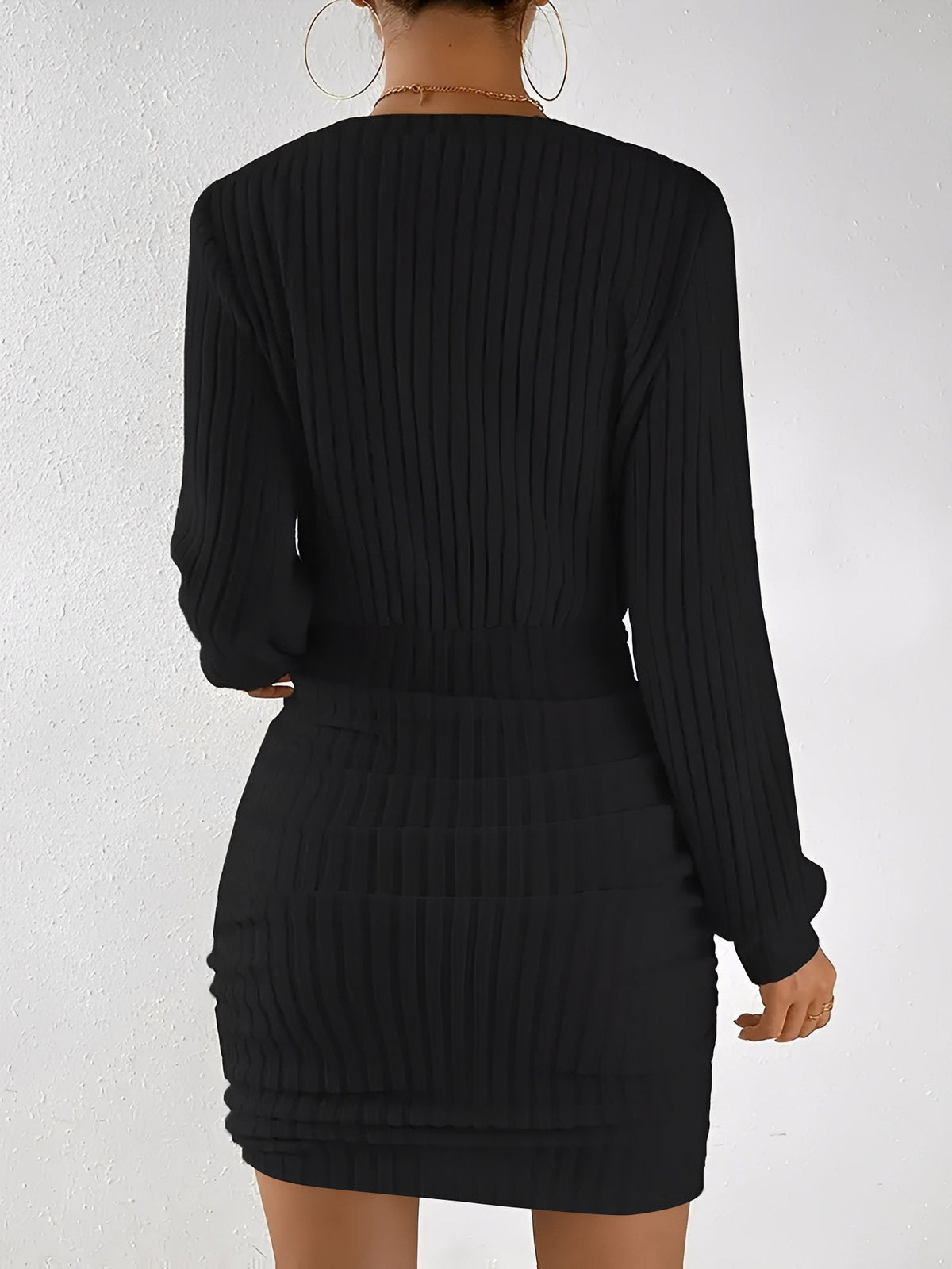 V Neck Textured Ruched Bodycon Mini Dress