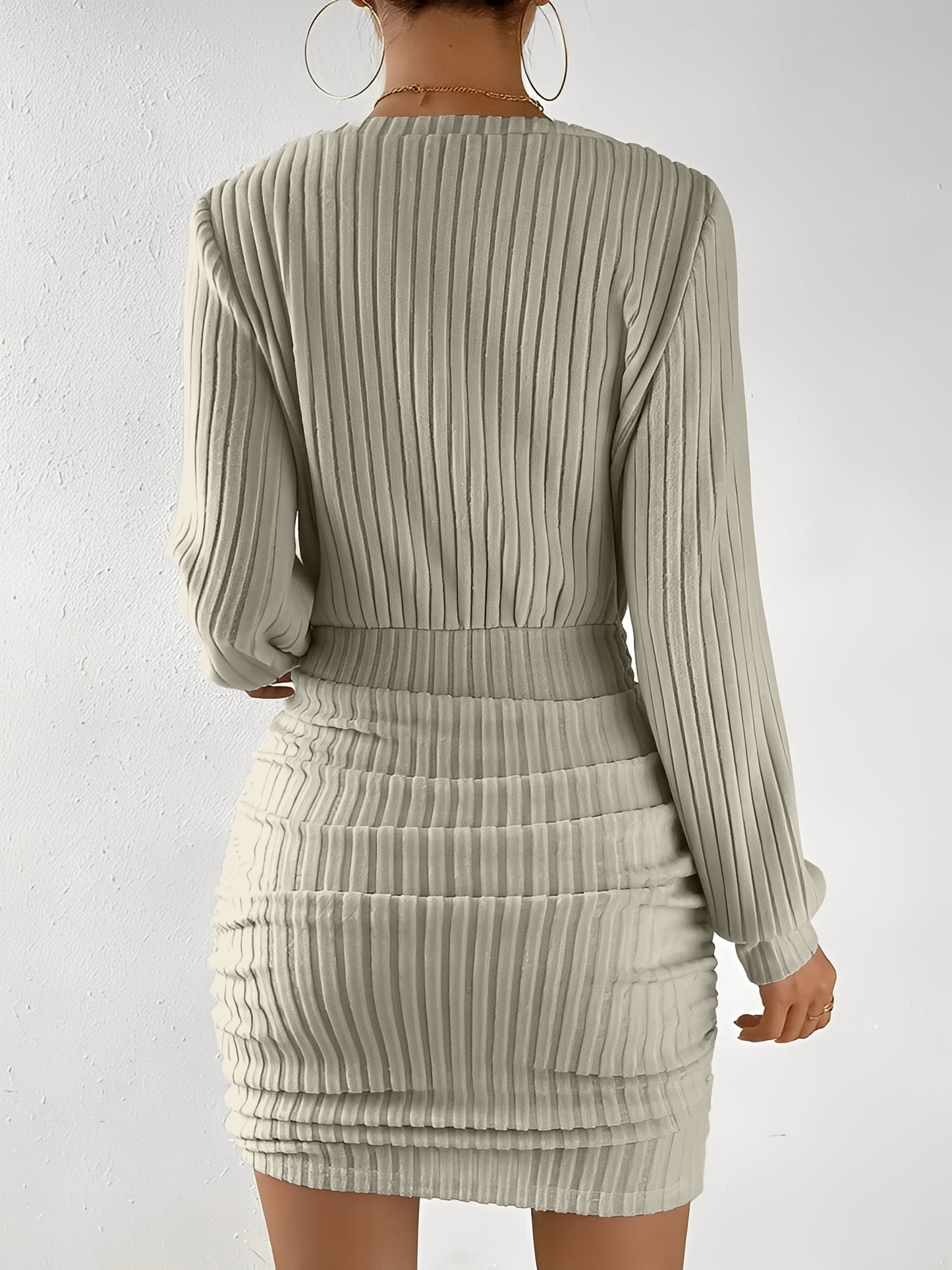 V Neck Textured Ruched Bodycon Mini Dress