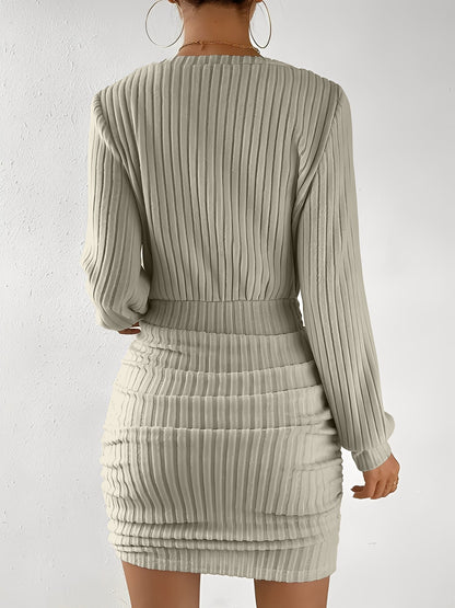 V Neck Textured Ruched Bodycon Mini Dress