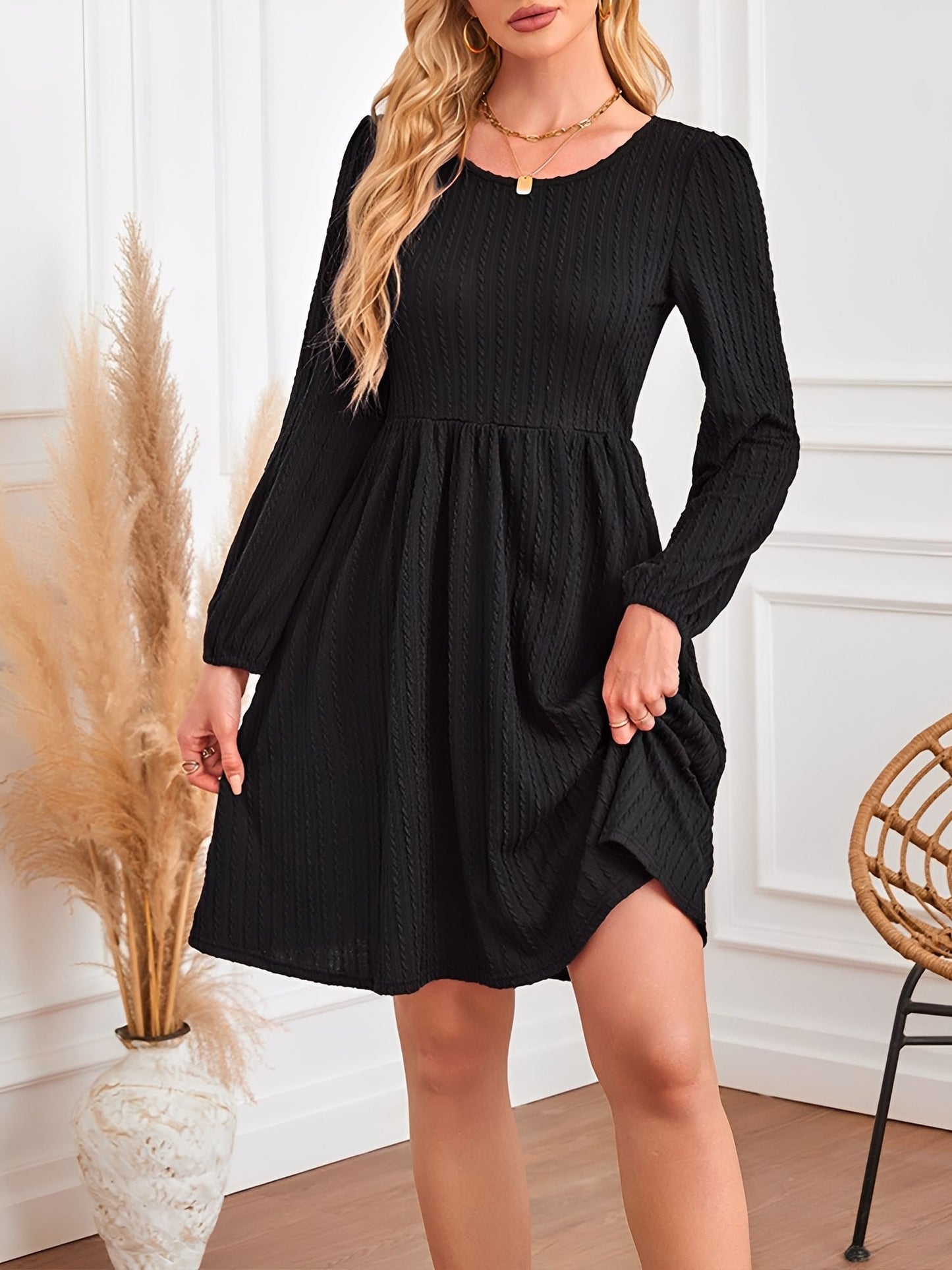 Round Neck Pockets Long Sleeve Textured A-Line Dress