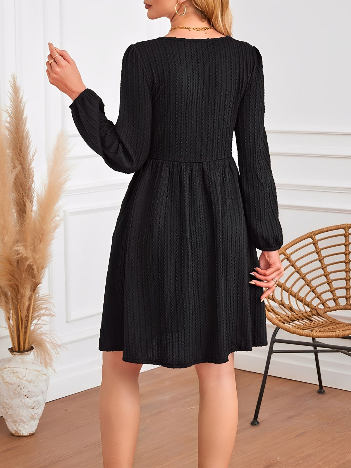 Round Neck Pockets Long Sleeve Textured A-Line Dress