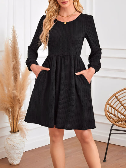 Round Neck Pockets Long Sleeve Textured A-Line Dress