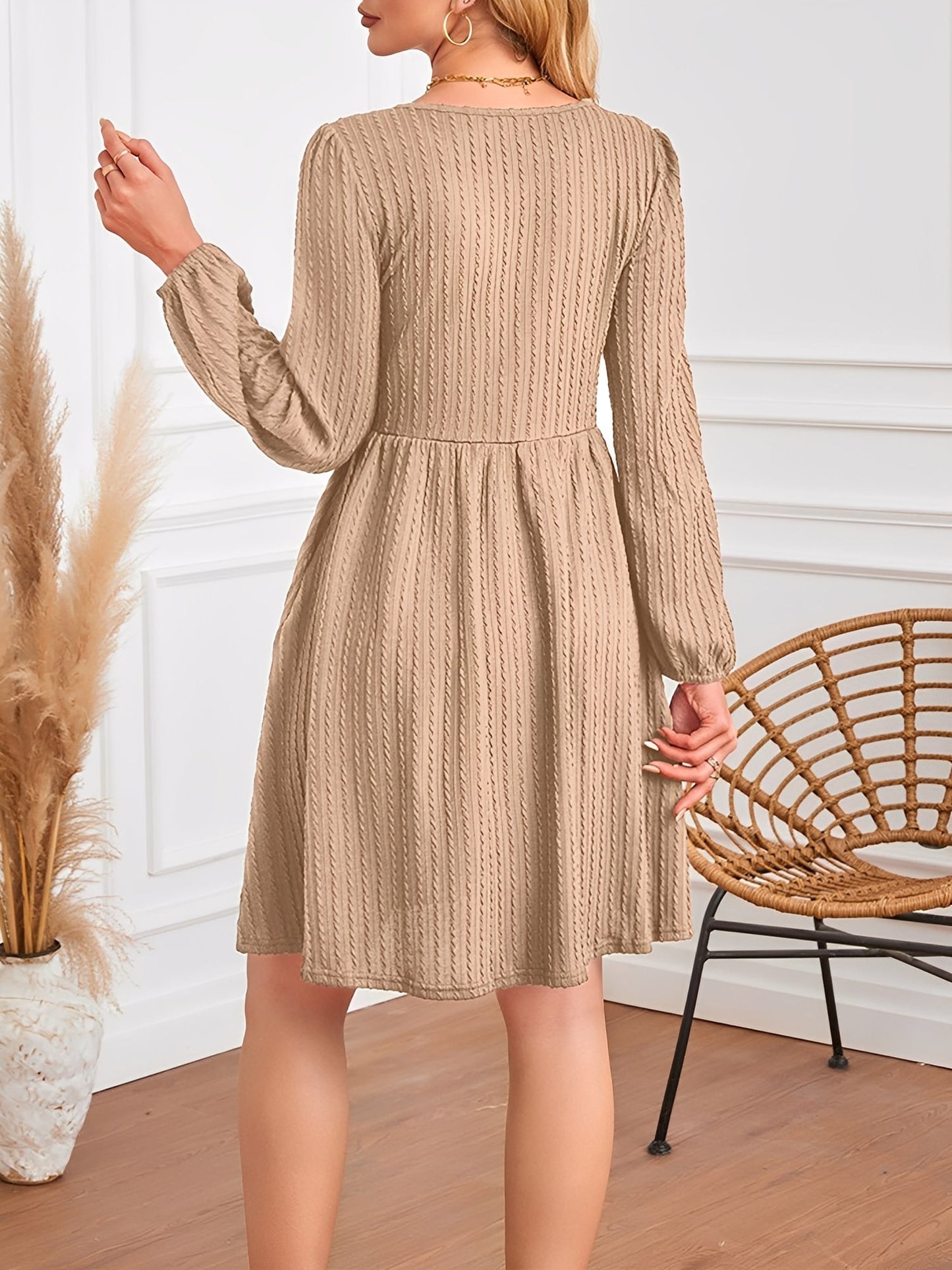Round Neck Pockets Long Sleeve Textured A-Line Dress