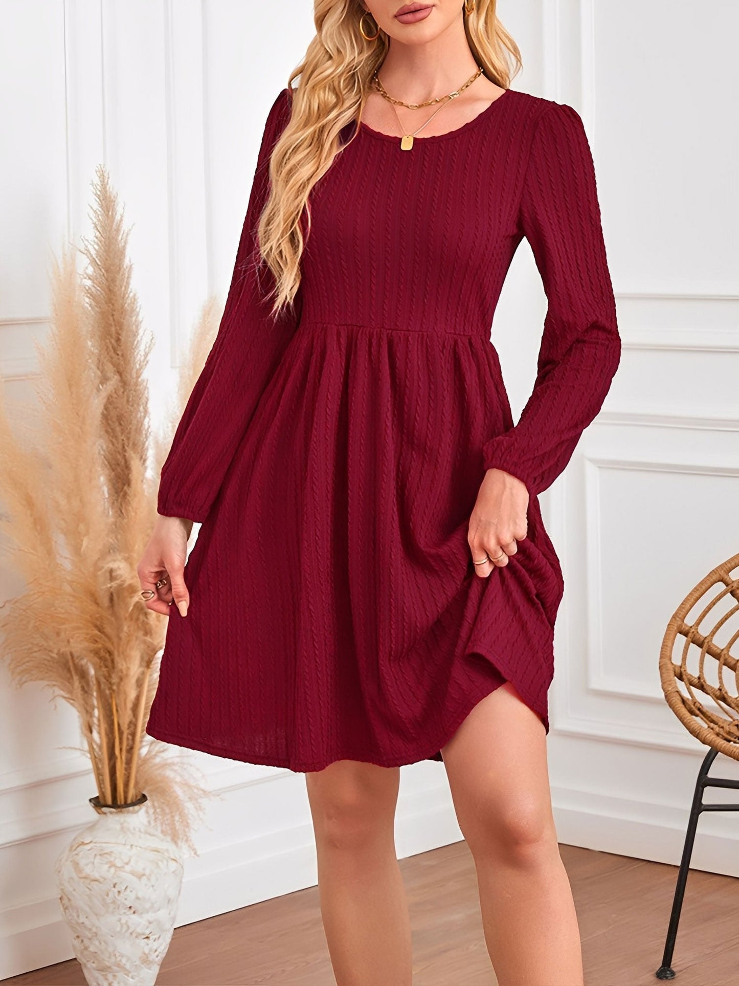 Round Neck Pockets Long Sleeve Textured A-Line Dress