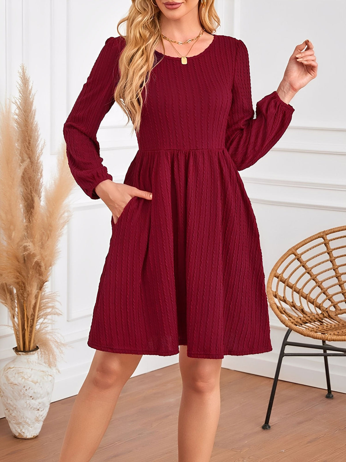 Round Neck Pockets Long Sleeve Textured A-Line Dress
