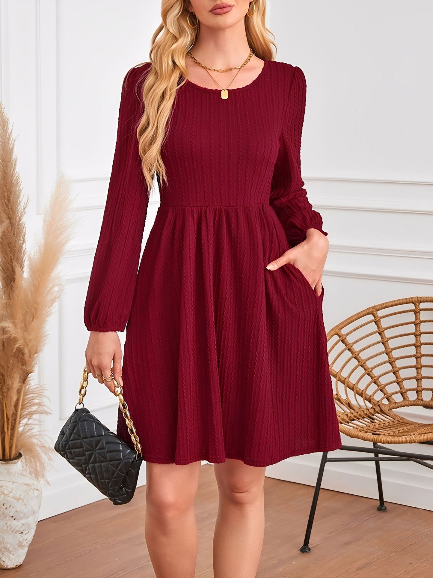 Round Neck Pockets Long Sleeve Textured A-Line Dress